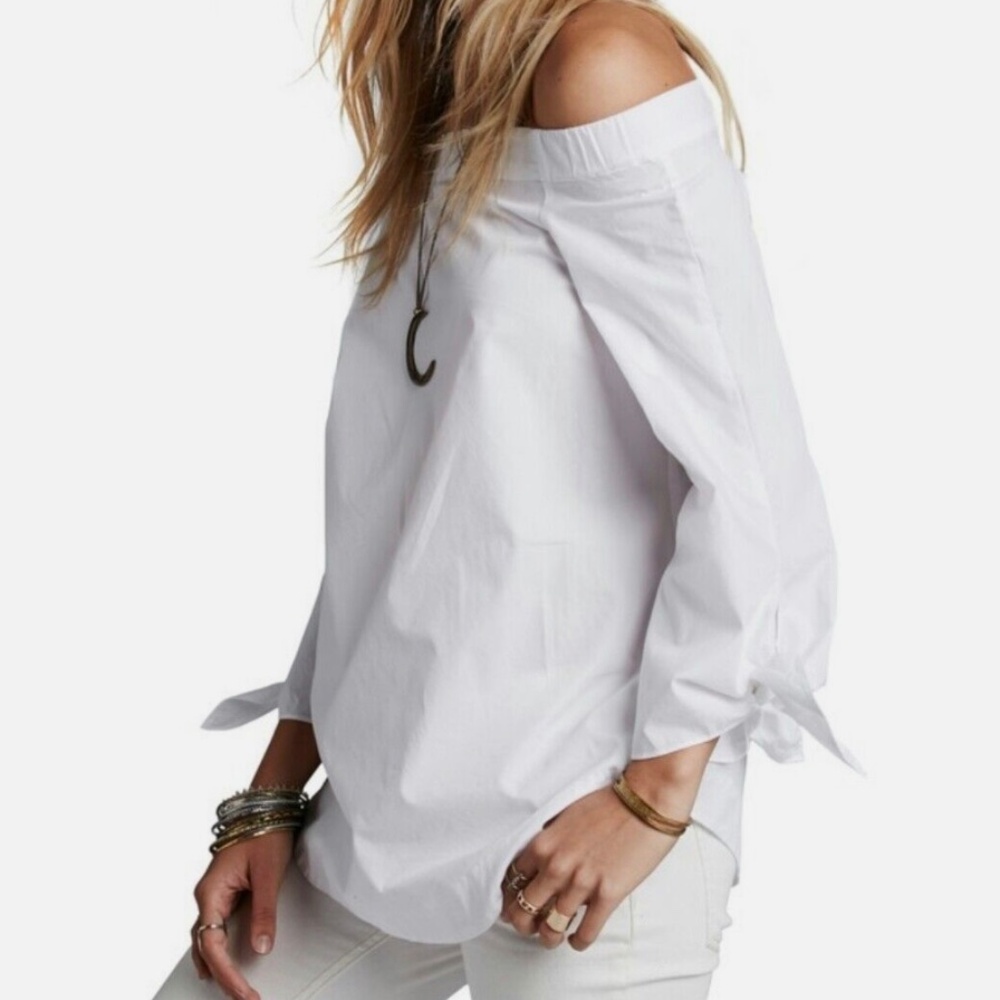NWT FREE PEOPLE Off The Shoulder 3/4 Sleeve Cotton Blouse W/Ties